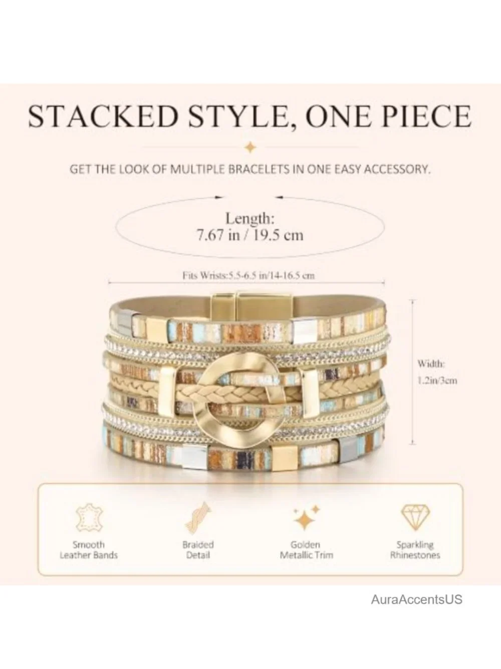 Leather Wrap Bracelet Boho Cuff Bangle Layered Women's Adjustable
